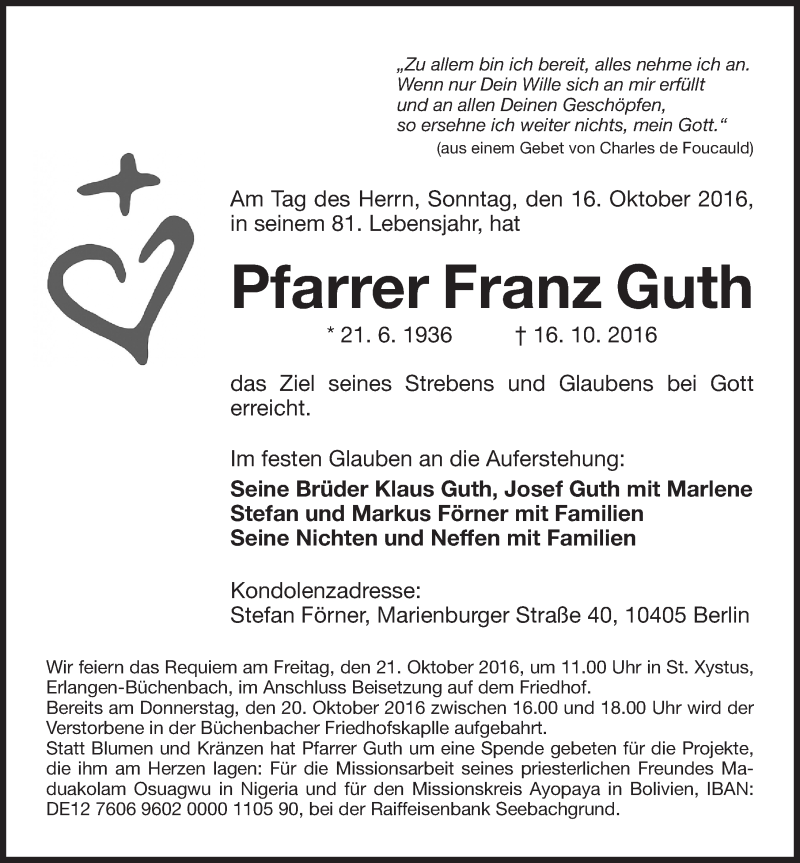 Traueranzeigen Von Franz Guth Trauer Nn De