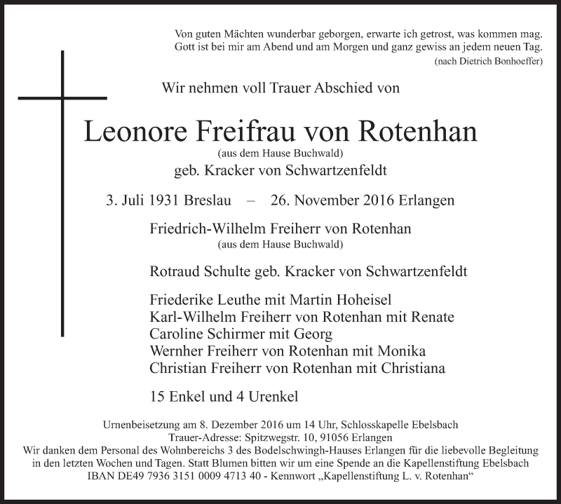 Traueranzeigen Von Leonore Freifrau Von Rotenhan Trauer Nn De