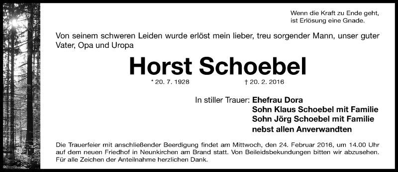 Traueranzeigen Von Horst Schoebel Trauer Nn De