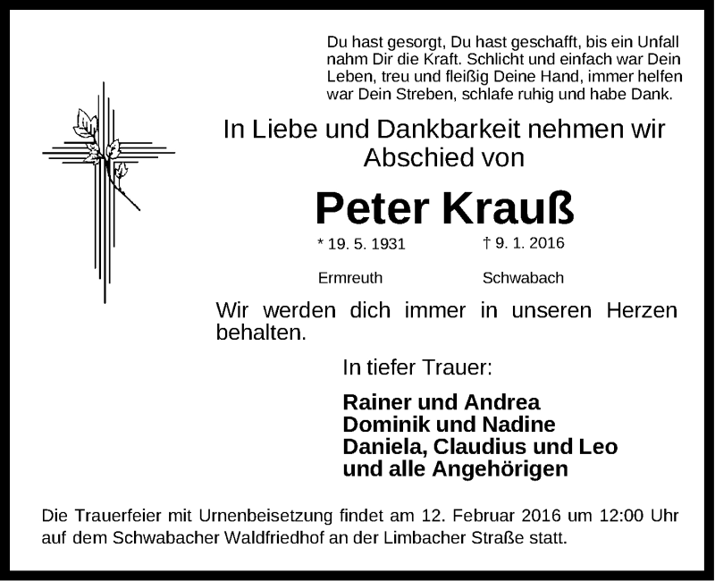 Traueranzeigen von Peter Krauß trauer nn de