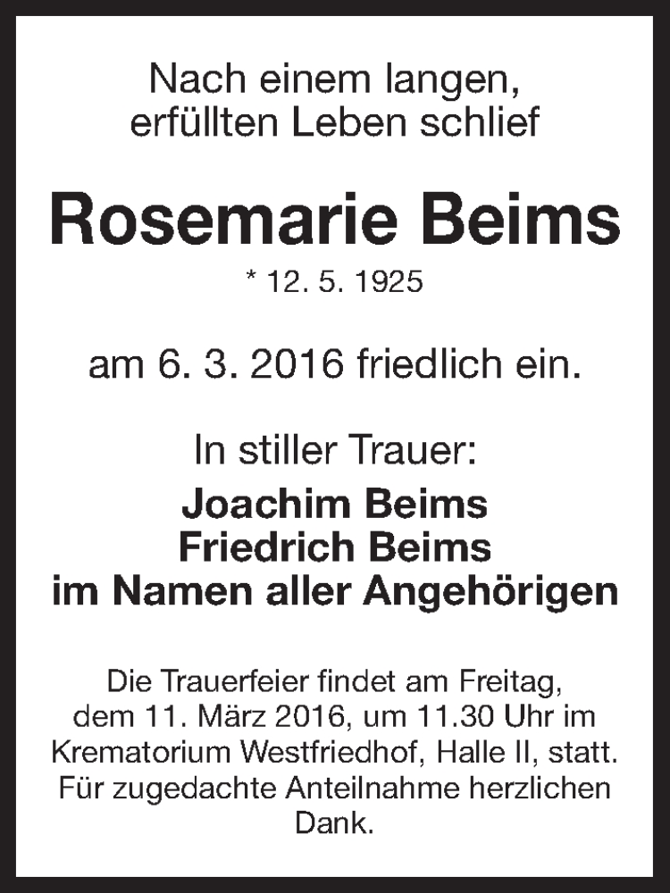 Traueranzeigen Von Rosemarie Beims Trauer Nn De