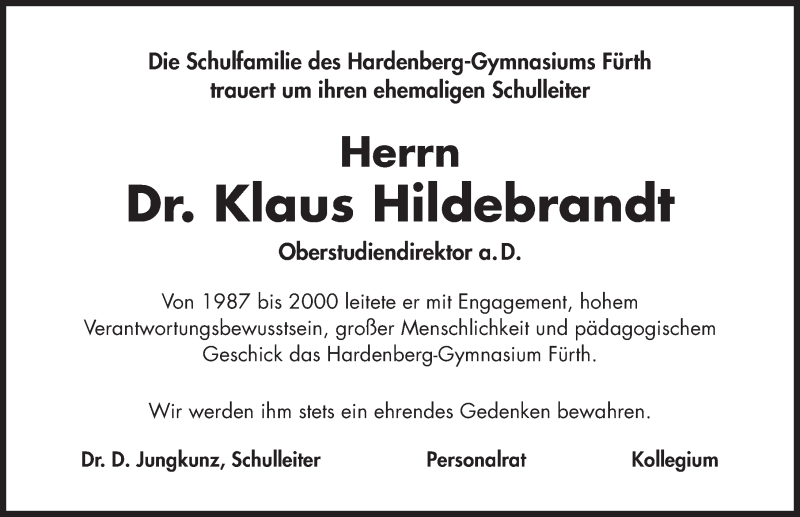 Traueranzeigen Von Klaus Hildebrandt Trauer Nn De