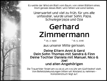 Traueranzeige von Gerhard Zimmermann von Fürther Nachrichten/ Gesamtausgabe Nürnberger Nachrichten/ Nürnberger Ztg.