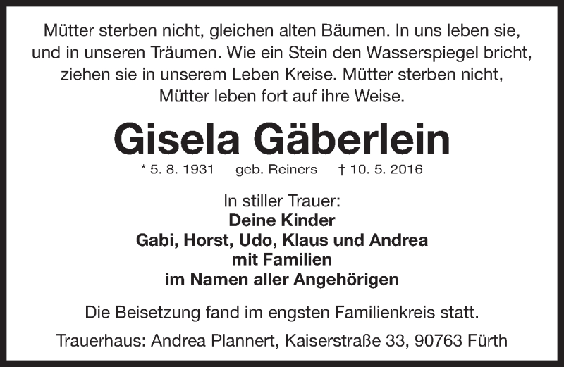 Traueranzeigen von Gisela Gäberlein trauer nn de