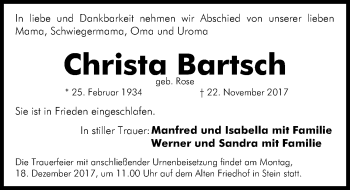 Traueranzeigen Von Christa Bartsch Trauer Nn De