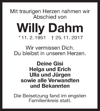 Traueranzeigen Von Willy Dahm Trauer Nn De