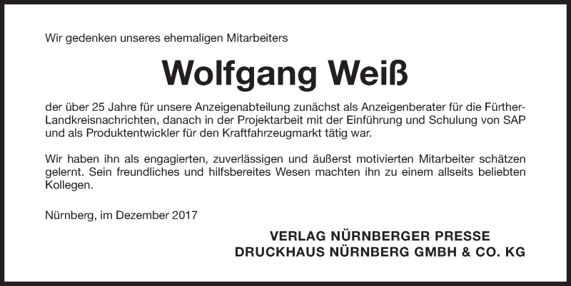 Traueranzeigen Von Wolfgang Wei Trauer Nn De