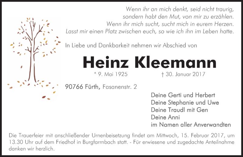 Traueranzeigen Von Heinz Kleemann Trauer Nn De