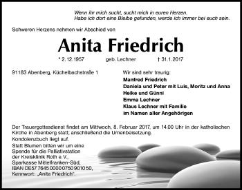 Traueranzeigen Von Anita Friedrich Trauer Nn De