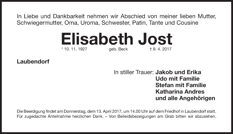 Traueranzeigen Von Elisabeth Jost Trauer Nn De