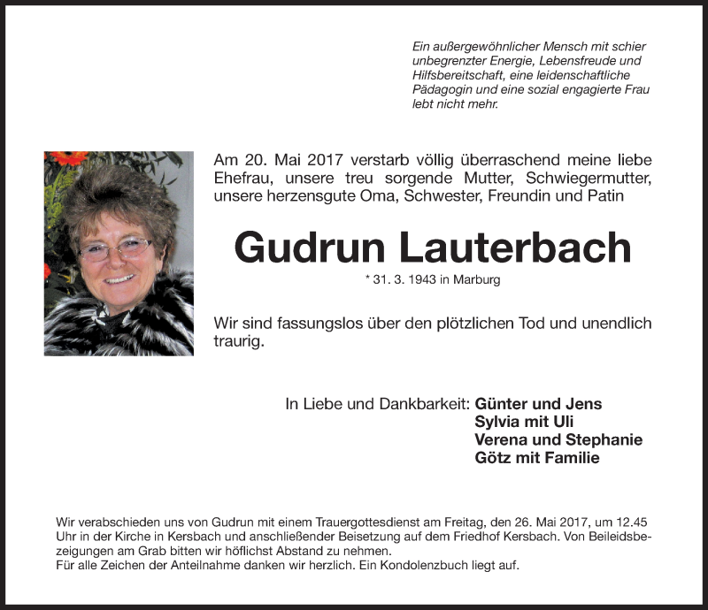 Traueranzeigen Von Gudrun Lauterbach Trauer Nn De