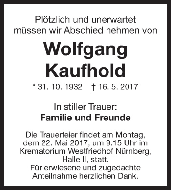 Traueranzeige von Wolfgang Kaufhold von Gesamtausgabe Nürnberger Nachrichten/ Nürnberger Ztg.