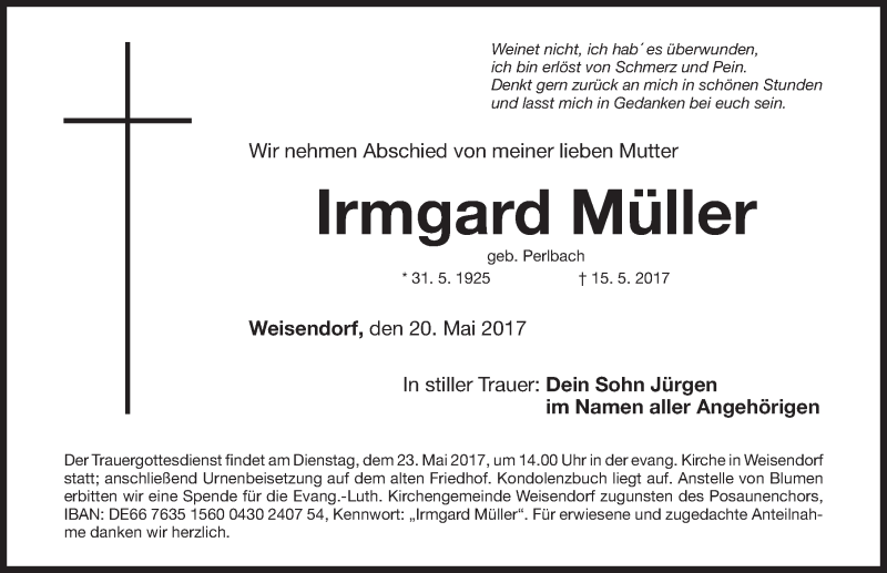 Traueranzeigen von Irmgard Müller trauer nn de