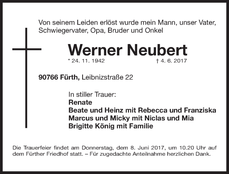 Traueranzeigen Von Werner Neubert Trauer Nn De