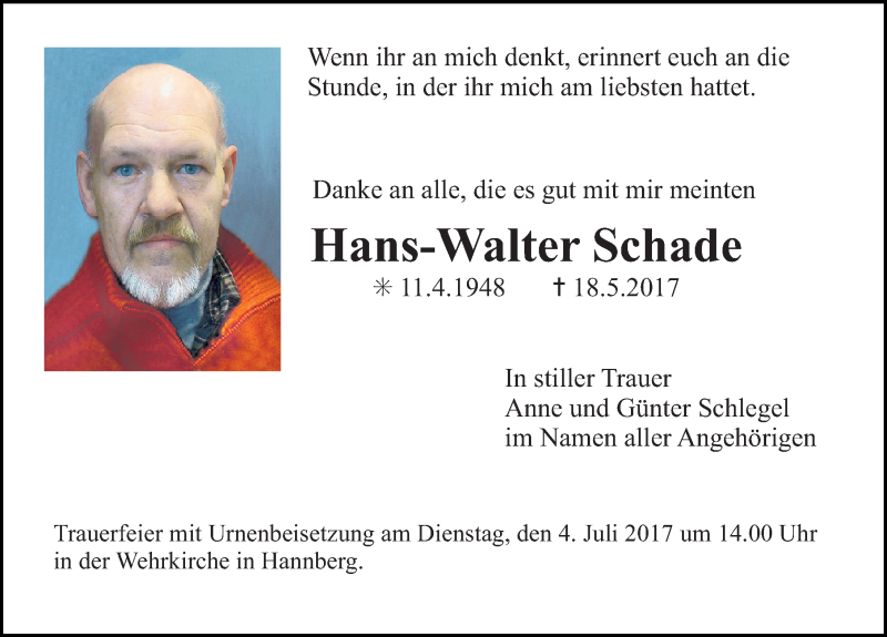 Traueranzeigen Von Hans Walter Schade Trauer Nn De