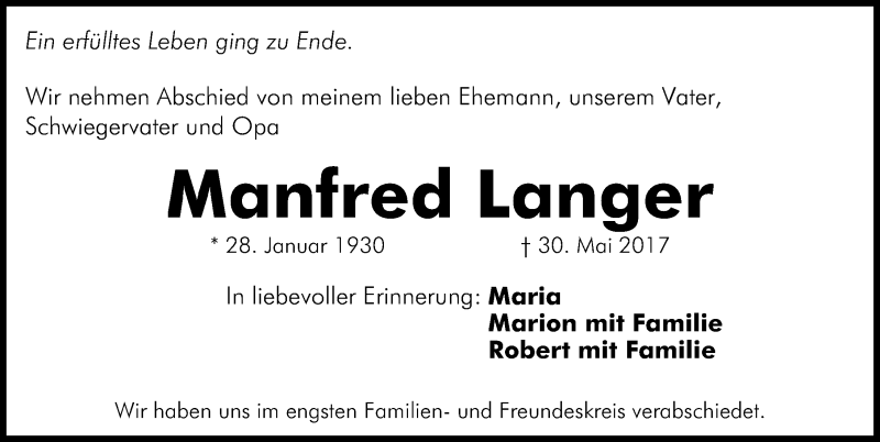 Traueranzeigen Von Manfred Langer Trauer Nn De