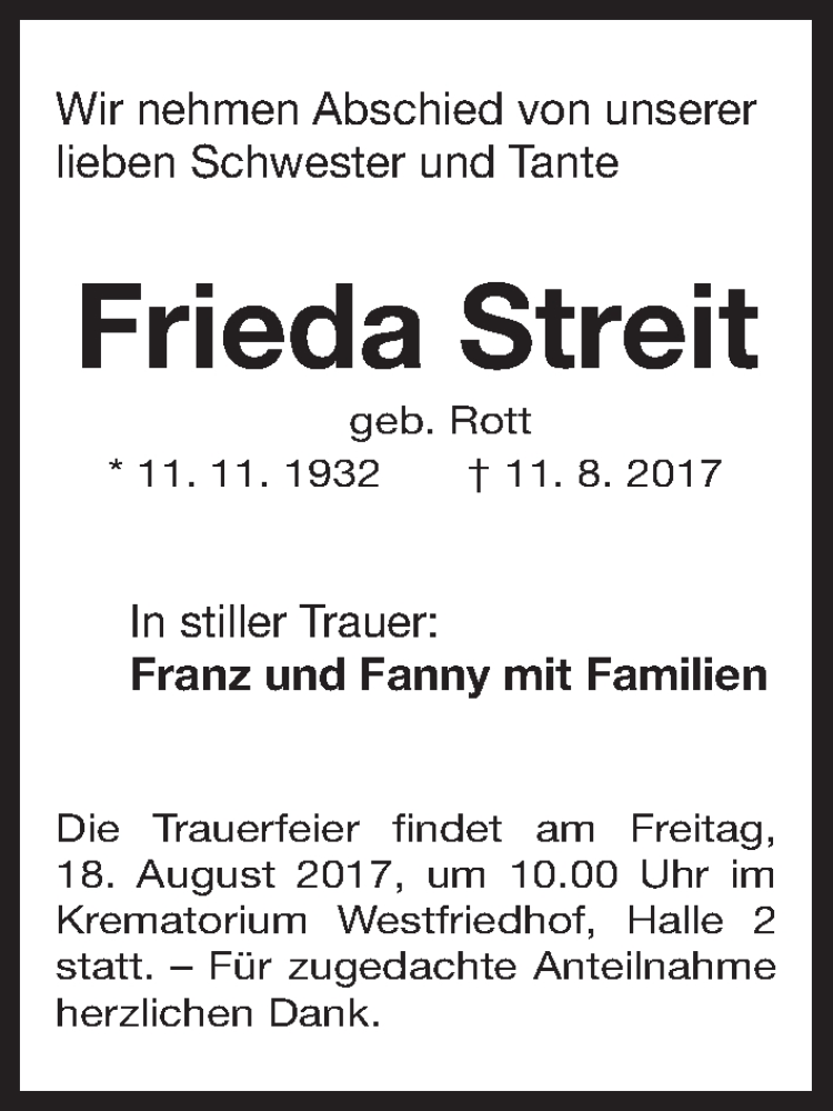 Traueranzeigen Von Frieda Streit Trauer Nn De