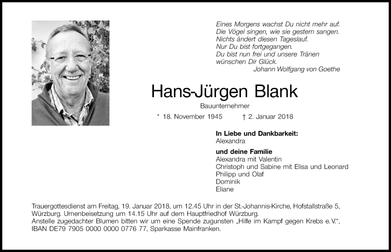 Traueranzeigen Von Hans J Rgen Blank Trauer Nn De