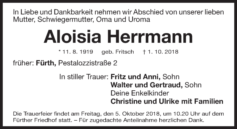 Traueranzeigen Von Aloisia Herrmann Trauer Nn De