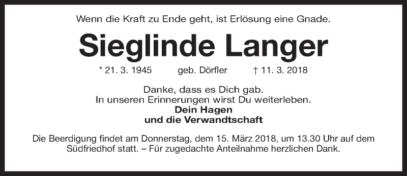 Traueranzeigen Von Sieglinde Langer Trauer Nn De