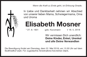 Traueranzeige von Elisabeth Mosner von Gesamtausgabe Nürnberger Nachrichten/ Nürnberger Ztg.