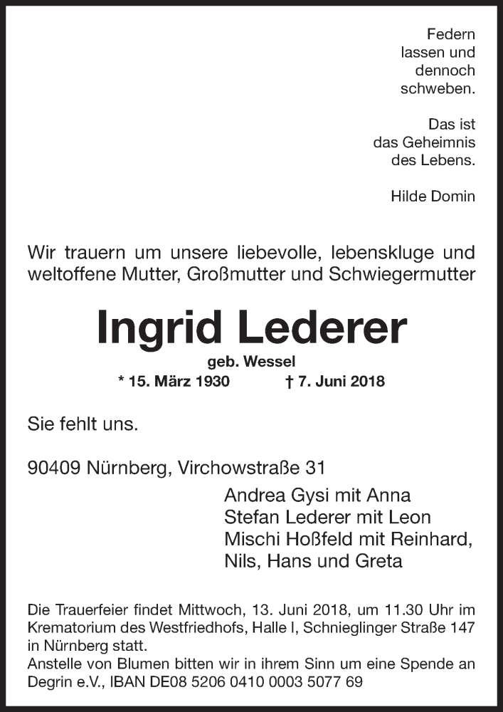 Traueranzeigen Von Ingrid Lederer Trauer Nn De