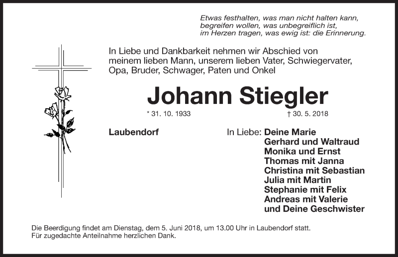 Traueranzeigen Von Johann Stiegler Trauer Nn De