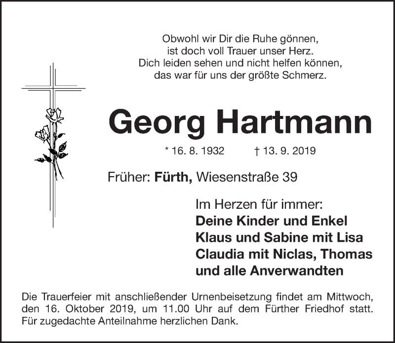 Traueranzeigen Von Georg Hartmann Trauer Nn De