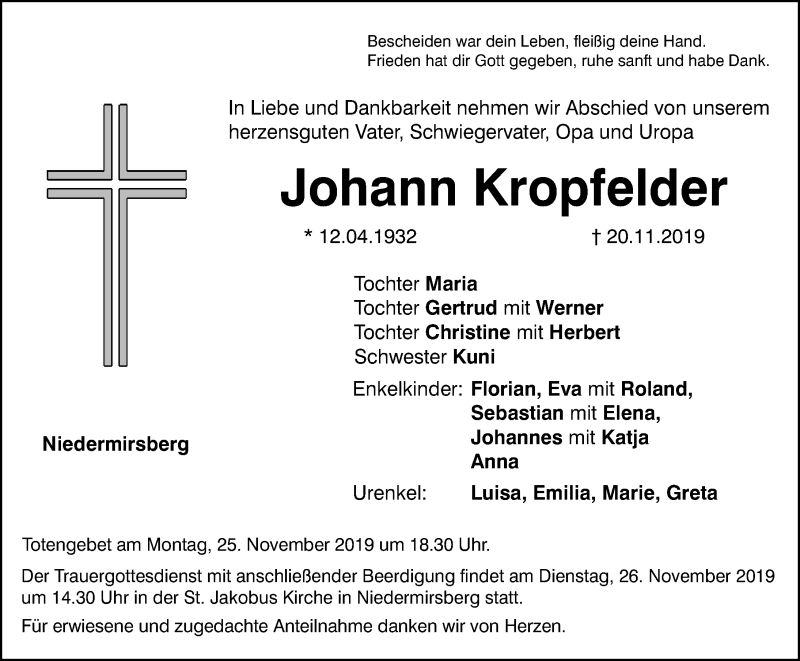 Traueranzeigen Von Johann Kropfelder Trauer Nn De