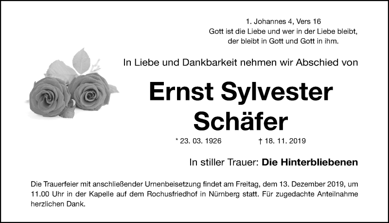 Traueranzeigen von Ernst Sylvester Schäfer trauer nn de