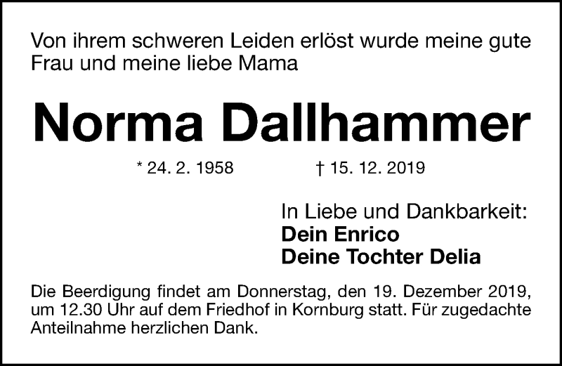 Traueranzeigen Von Norma Dallhammer Trauer Nn De