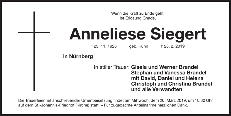 Traueranzeigen Von Anneliese Siegert Trauer Nn De