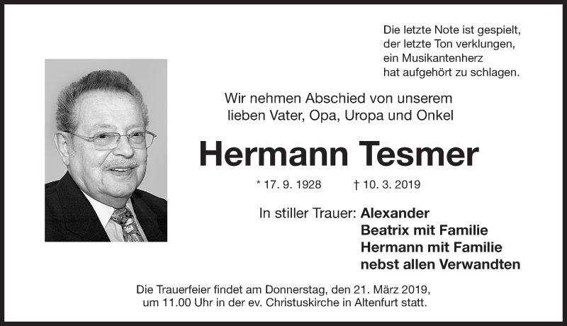 Traueranzeigen Von Hermann Tesmer Trauer Nn De