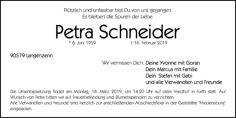 Traueranzeigen Von Petra Schneider Trauer Nn De