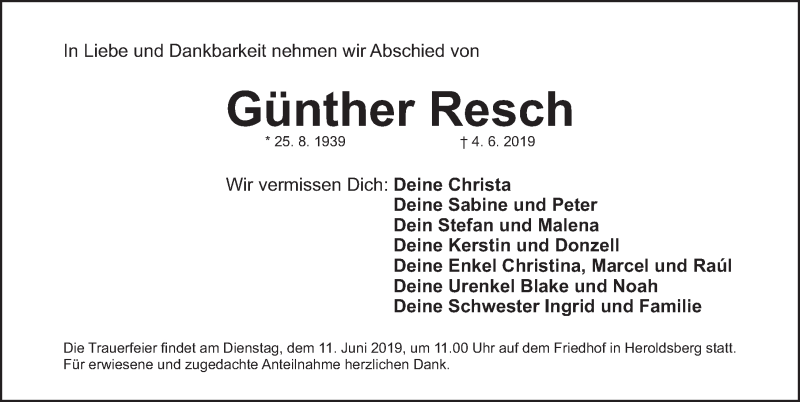 Traueranzeigen Von G Nther Resch Trauer Nn De