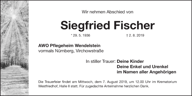 Traueranzeigen Von Siegfried Fischer Trauer Nn De