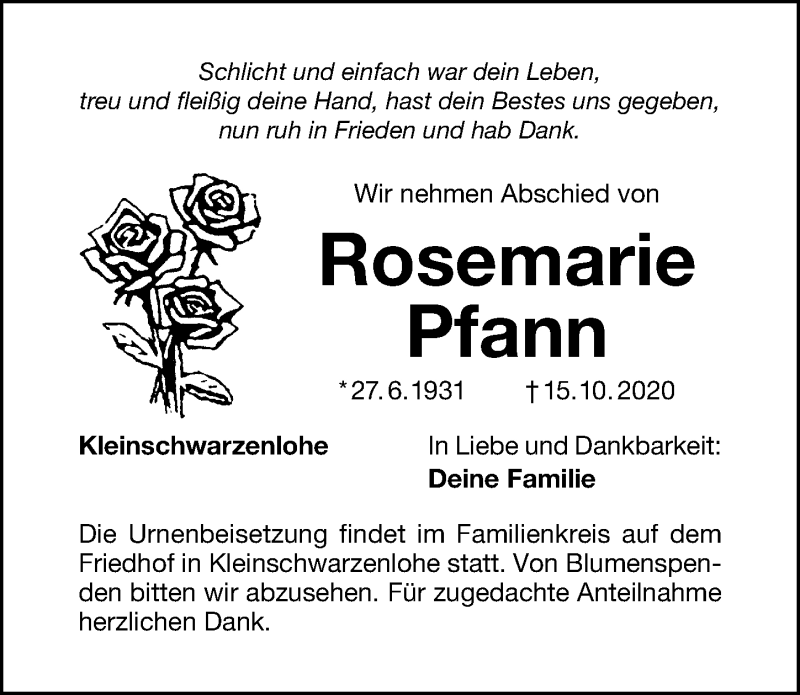 Traueranzeigen Von Rosemarie Pfann Trauer Nn De