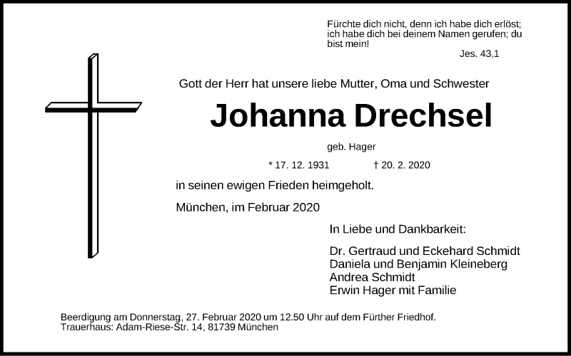 Traueranzeigen Von Johannna Drechsel Trauer Nn De