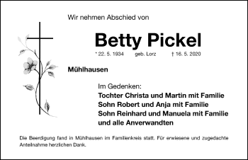 Traueranzeige von Betty Pickel von Nordbayerische Nachrichten Herzogenaurach Lokal