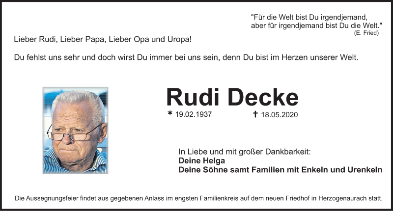 Traueranzeigen Von Rudi Decke Trauer Nn De