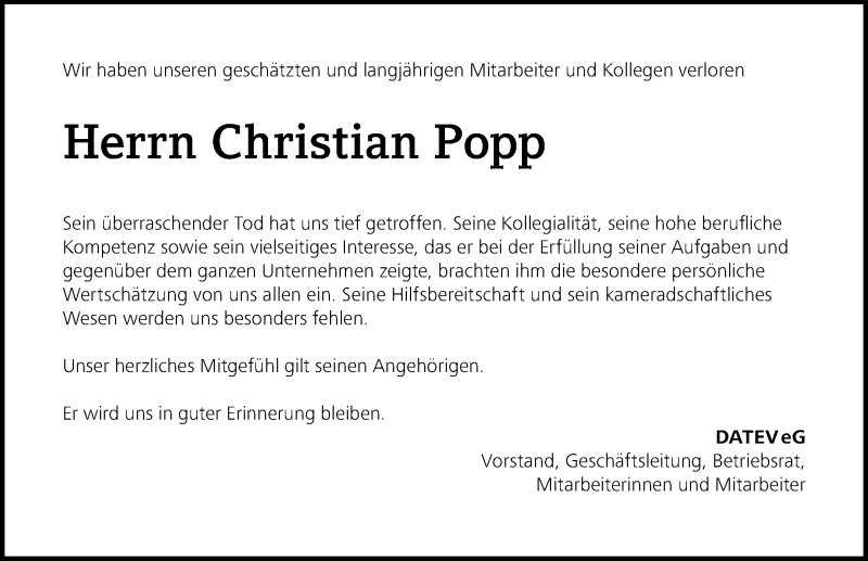 Traueranzeigen Von Christian Popp Trauer Nn De