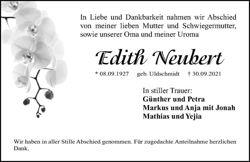 Traueranzeigen Von Edith Neubert Trauer Nn De