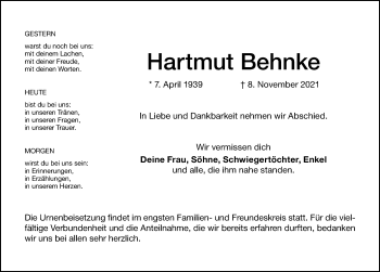 Traueranzeigen Von Hartmut Behnke Trauer Nn De