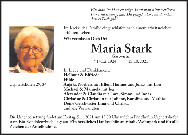 Traueranzeigen Von Maria Stark Trauer Nn De