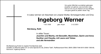 Traueranzeigen Von Ingeborg Werner Trauer Nn De