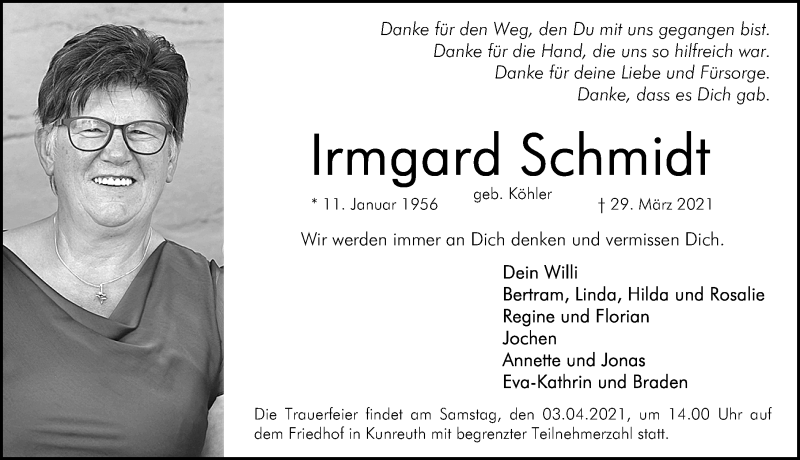 Traueranzeigen Von Irmgard Schmidt Trauer Nn De