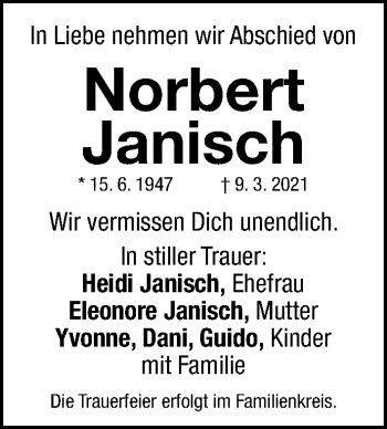 Traueranzeigen Von Norbert Janisch Trauer Nn De