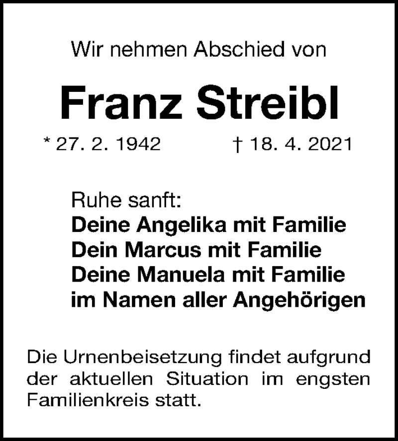 Traueranzeigen Von Franz Streibl Trauer Nn De