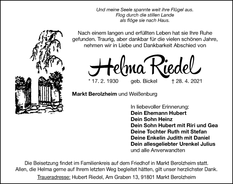 Traueranzeigen Von Helma Riedel Trauer Nn De