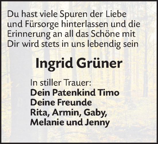 Traueranzeigen Von Ingrid Gr Ner Trauer Nn De